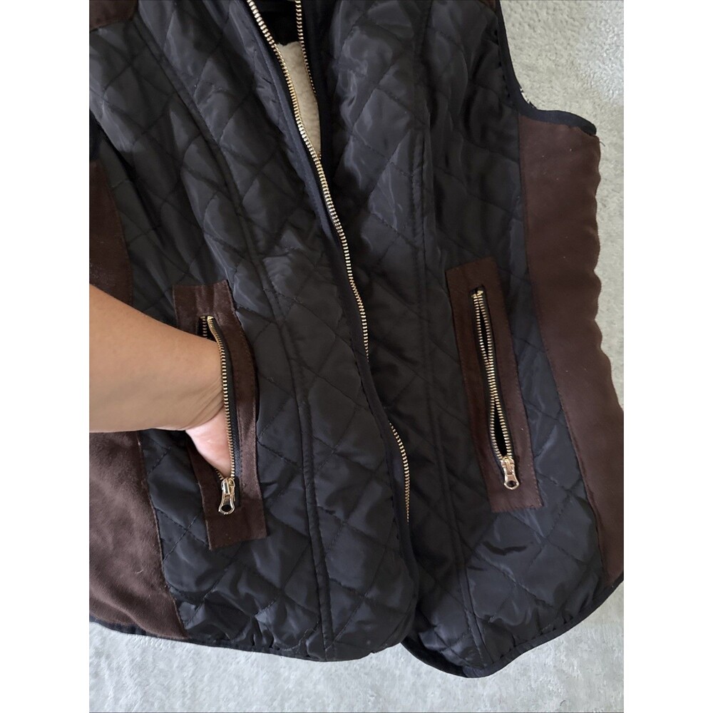 Padded Hooded Wind Resistant Cozy Zip Vest Black Cream Fleece Young Sz M Ci Sono - Picture 11 of 16
